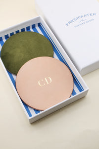 Monogrammed Leather Coaster Set with complimentary gift box | Gold Foil Debossed or Laser Engraved | Shop Freshwater