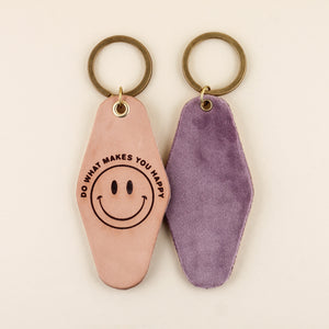 Do What Makes You Happy Hotel Keychain in leather and lavender velvet | Freshwater